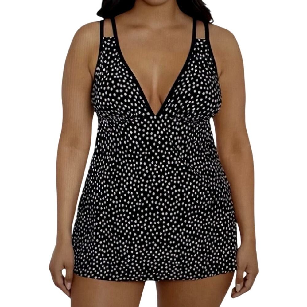 Trimshaper One Piece Swimsuit Womens‎ 24W Polka Dot Black White Skirt Bottom